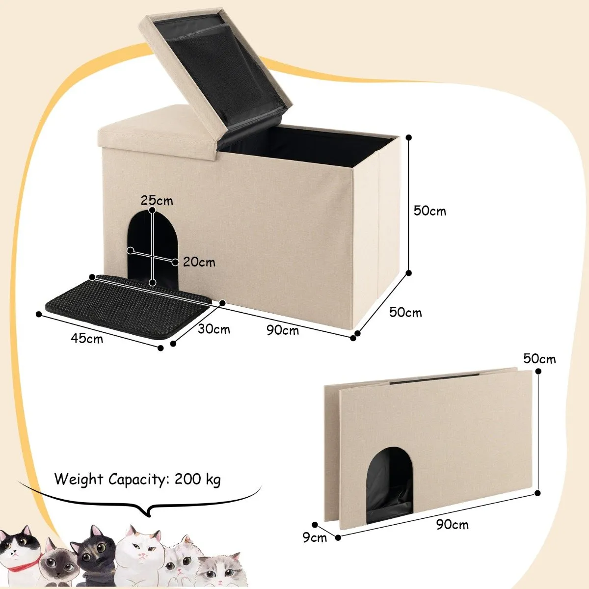 3-in-1 Hidden Cat Washroom Ottoman Shoe Bench-Beige