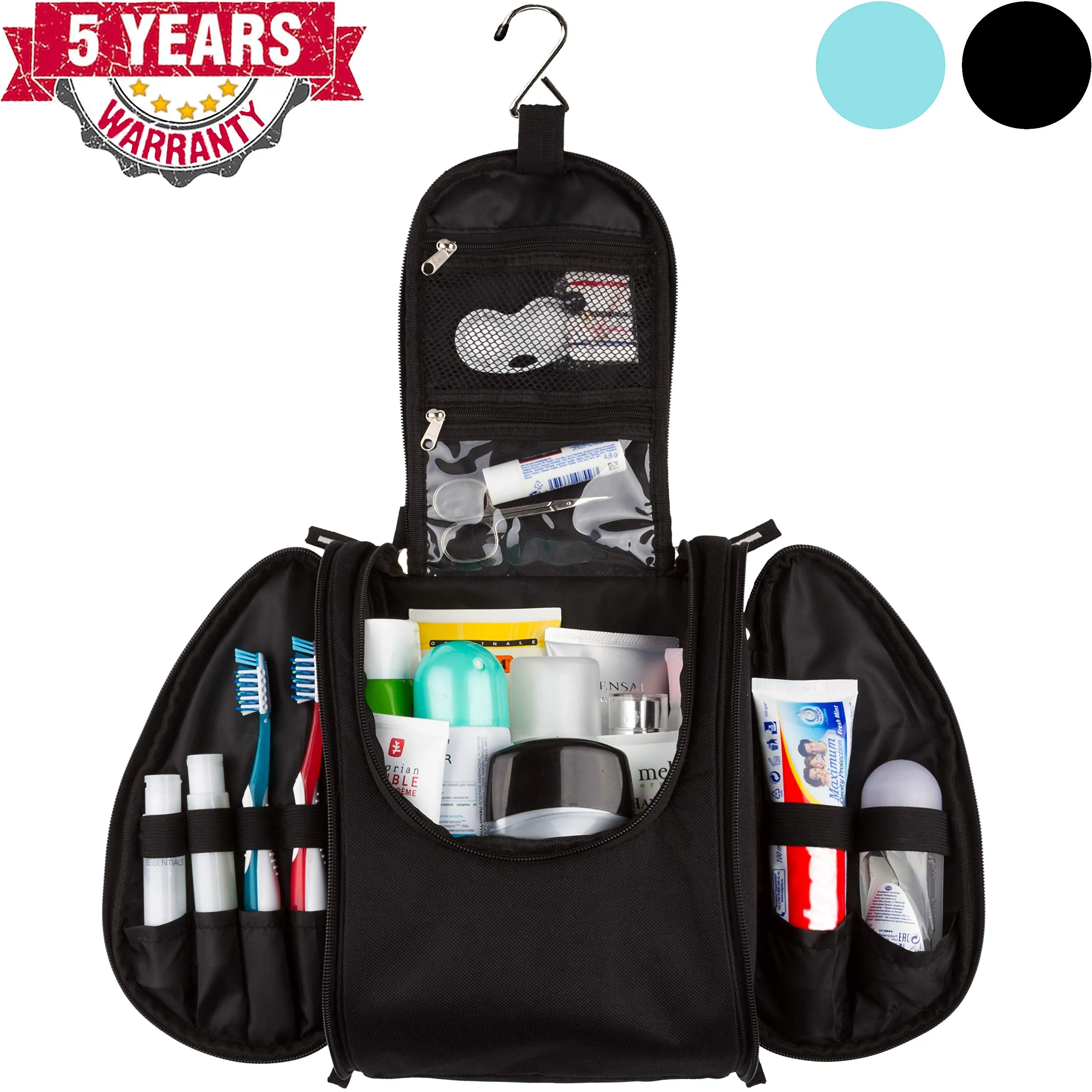 42 Travel Hanging Toiletry Bag – Large Kit Organizer for Men & Women – Spacious & Compact, 17 Compartments for all you need - Strong Zippers, Sturdy Hook, Water Resistant Black