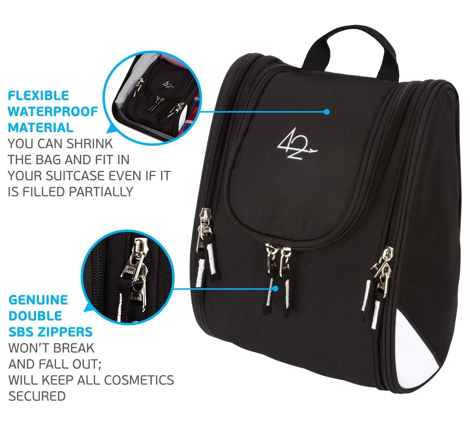 42 Travel Hanging Toiletry Bag – Large Kit Organizer for Men & Women – Spacious & Compact, 17 Compartments for all you need - Strong Zippers, Sturdy Hook, Water Resistant Black