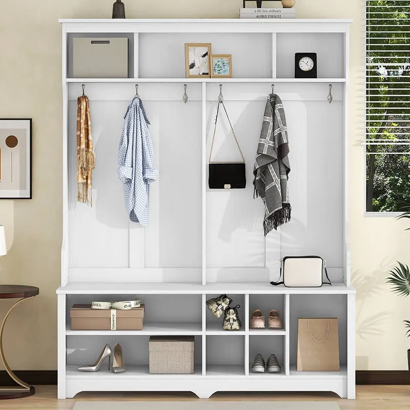 60" Multifunctional White Hallway Hall Tree with Metal Hook and Shoe cubbies