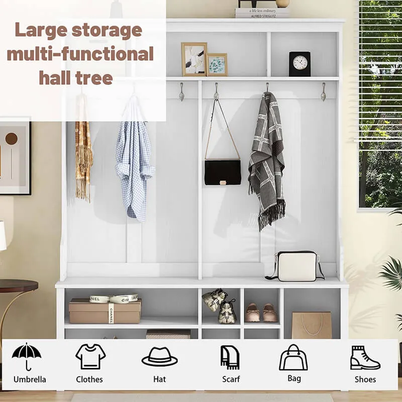 60" Multifunctional White Hallway Hall Tree with Metal Hook and Shoe cubbies