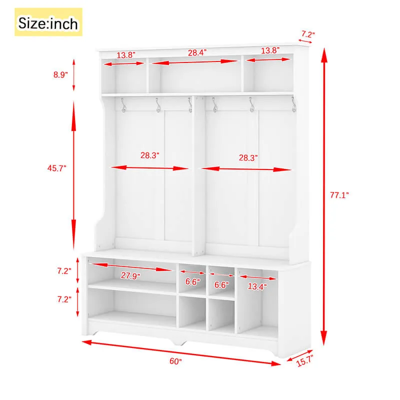 60" Multifunctional White Hallway Hall Tree with Metal Hook and Shoe cubbies