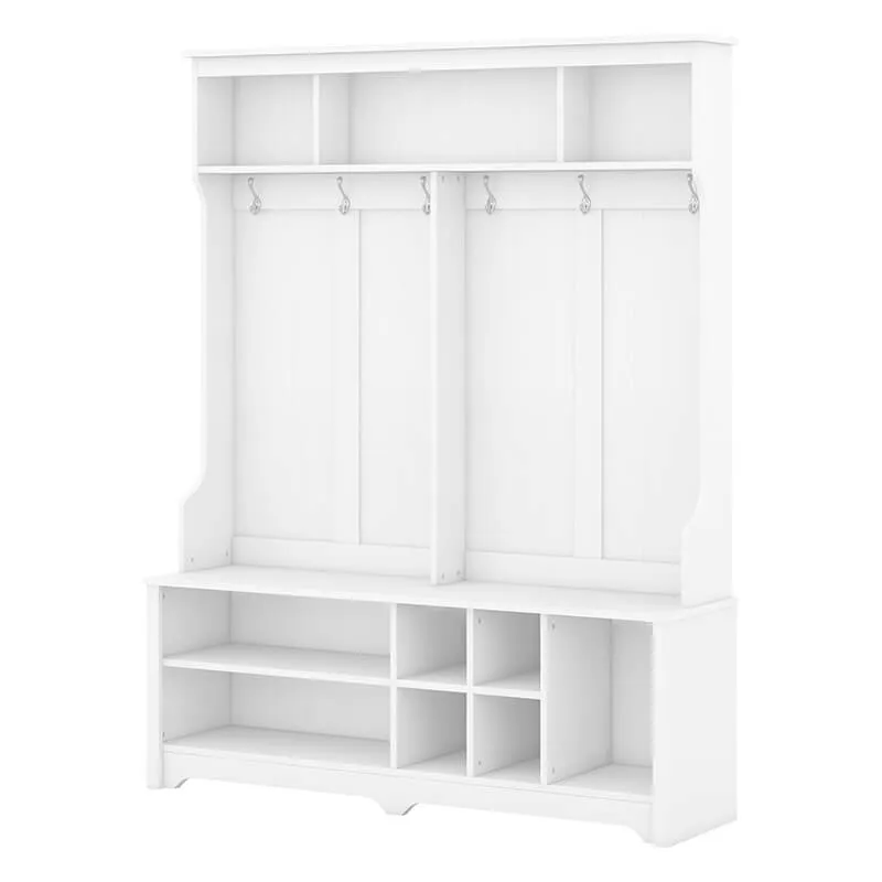 60" Multifunctional White Hallway Hall Tree with Metal Hook and Shoe cubbies