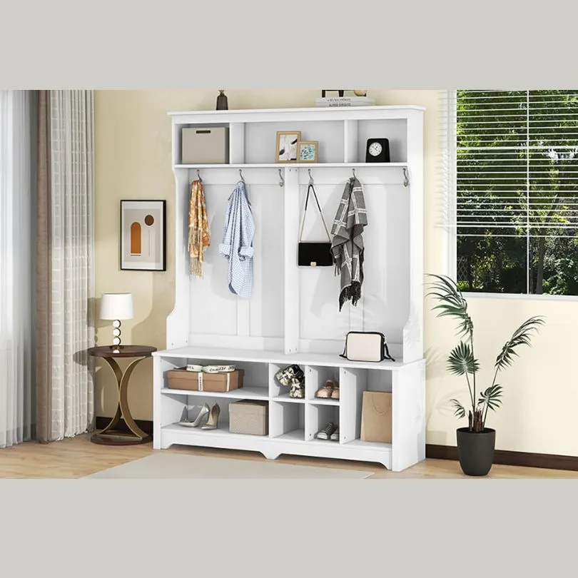 60" Multifunctional White Hallway Hall Tree with Metal Hook and Shoe cubbies