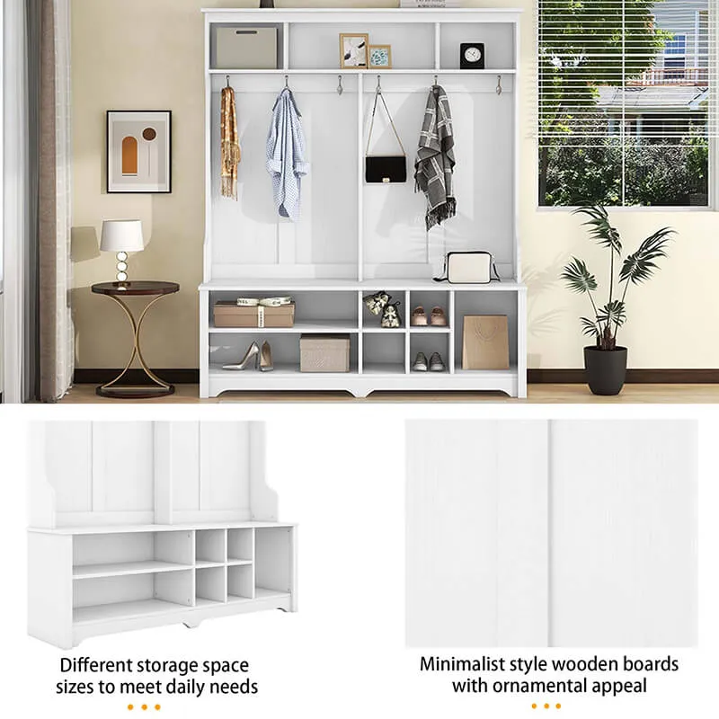 60" Multifunctional White Hallway Hall Tree with Metal Hook and Shoe cubbies