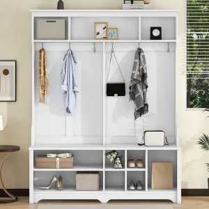 60" Multifunctional White Hallway Hall Tree with Metal Hook and Shoe cubbies