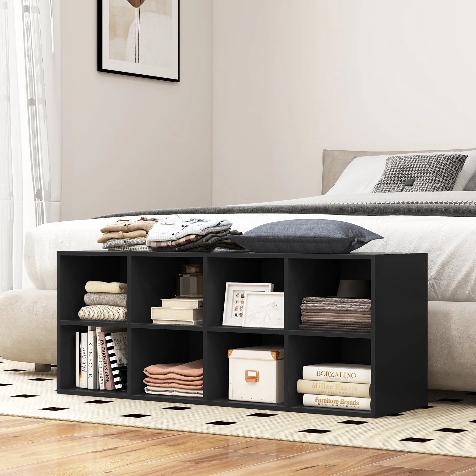8 Grid Shoe Bench 2 in 1 Shoe Organizer with 8 Storage Cubbies-Black