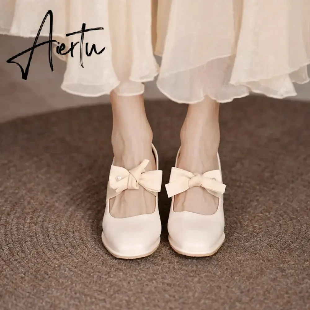 Aiertu Chunky Sweet Women Shoes Spring High Heels Bow Woman Shoes Luxury Brand Shallow Pumps Party Lady Shoes Dress Mujer Zapatos
