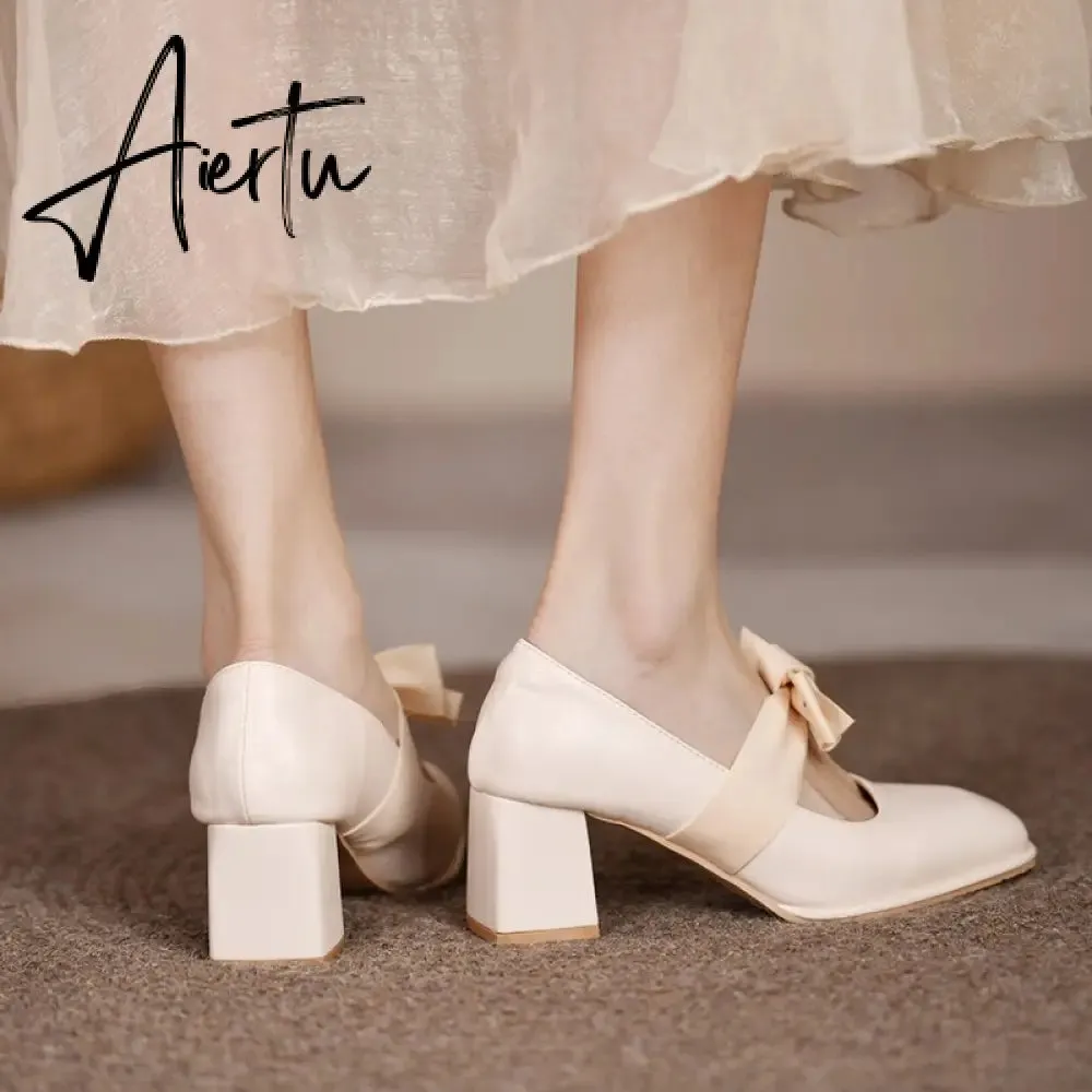 Aiertu Chunky Sweet Women Shoes Spring High Heels Bow Woman Shoes Luxury Brand Shallow Pumps Party Lady Shoes Dress Mujer Zapatos