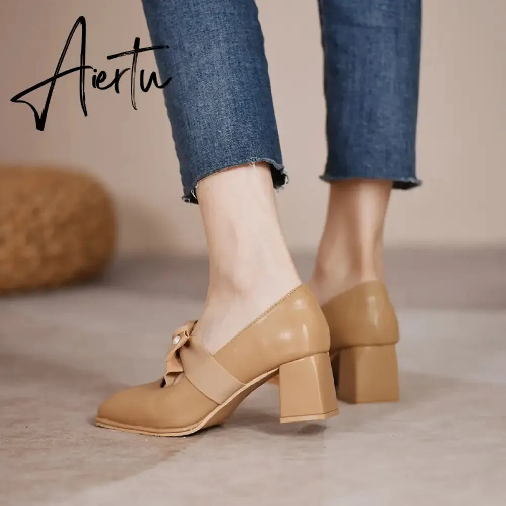 Aiertu Chunky Sweet Women Shoes Spring High Heels Bow Woman Shoes Luxury Brand Shallow Pumps Party Lady Shoes Dress Mujer Zapatos