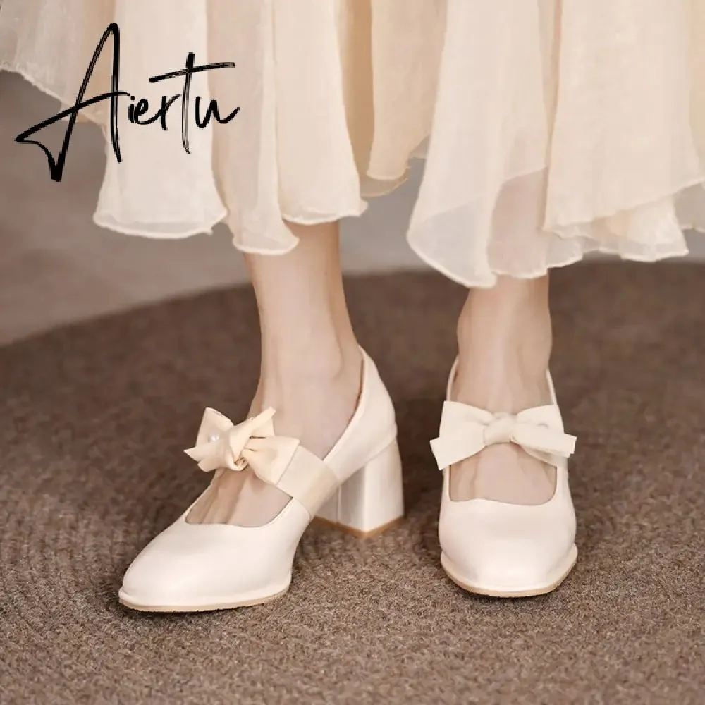 Aiertu Chunky Sweet Women Shoes Spring High Heels Bow Woman Shoes Luxury Brand Shallow Pumps Party Lady Shoes Dress Mujer Zapatos