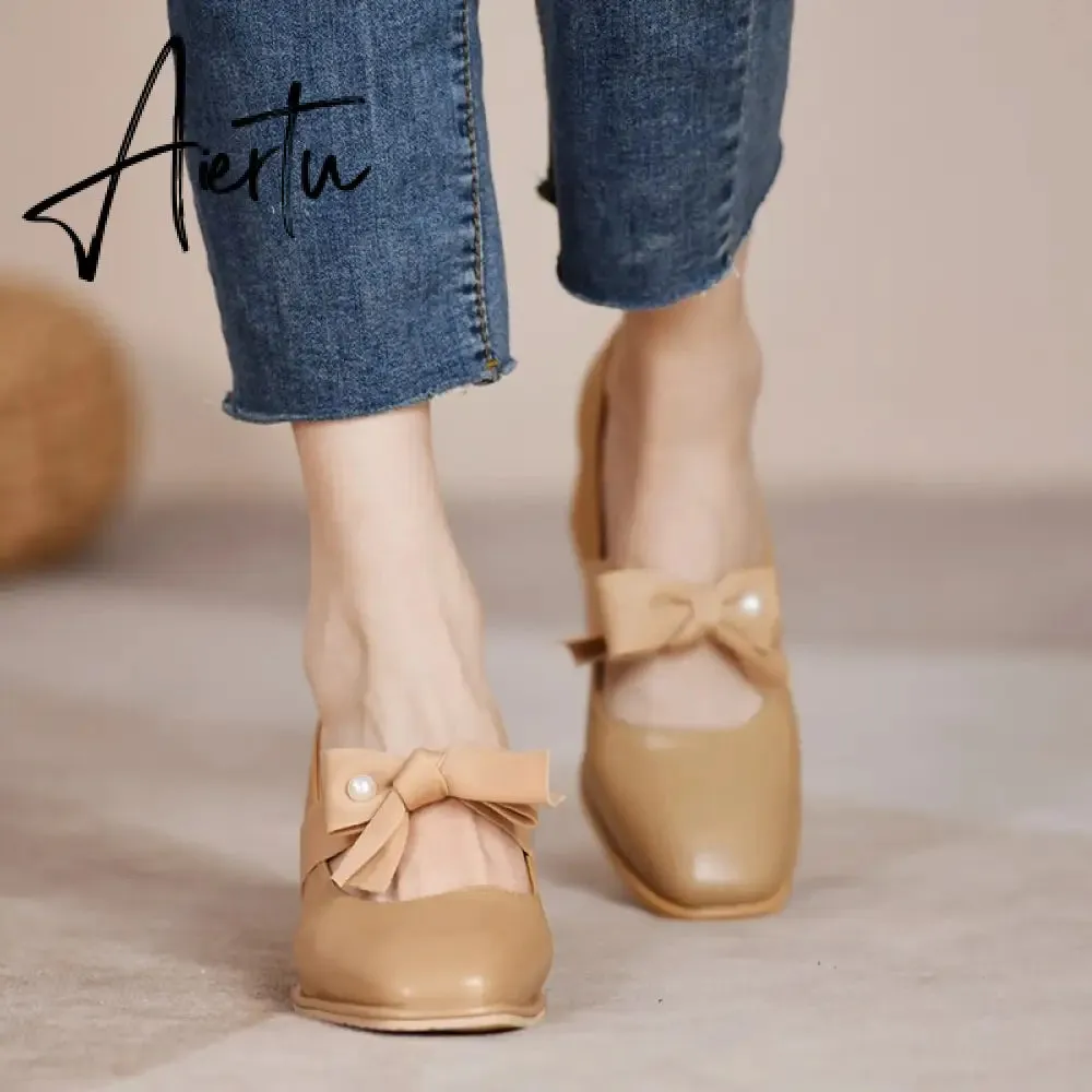 Aiertu Chunky Sweet Women Shoes Spring High Heels Bow Woman Shoes Luxury Brand Shallow Pumps Party Lady Shoes Dress Mujer Zapatos