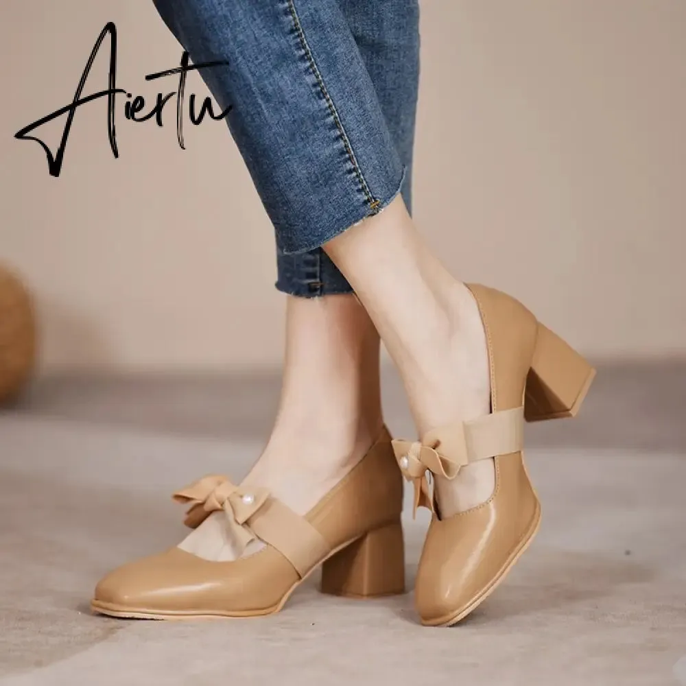 Aiertu Chunky Sweet Women Shoes Spring High Heels Bow Woman Shoes Luxury Brand Shallow Pumps Party Lady Shoes Dress Mujer Zapatos