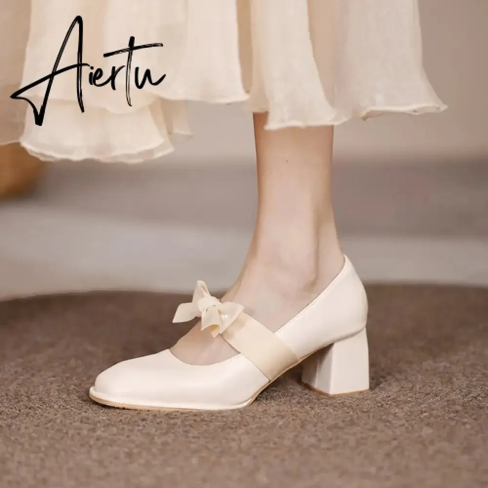 Aiertu Chunky Sweet Women Shoes Spring High Heels Bow Woman Shoes Luxury Brand Shallow Pumps Party Lady Shoes Dress Mujer Zapatos