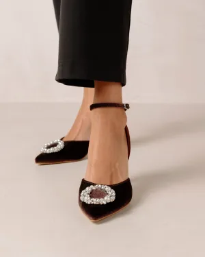 Alohas - Cinderella Crystal Embellished High-Heel Pumps in Velvet Coffee Brown