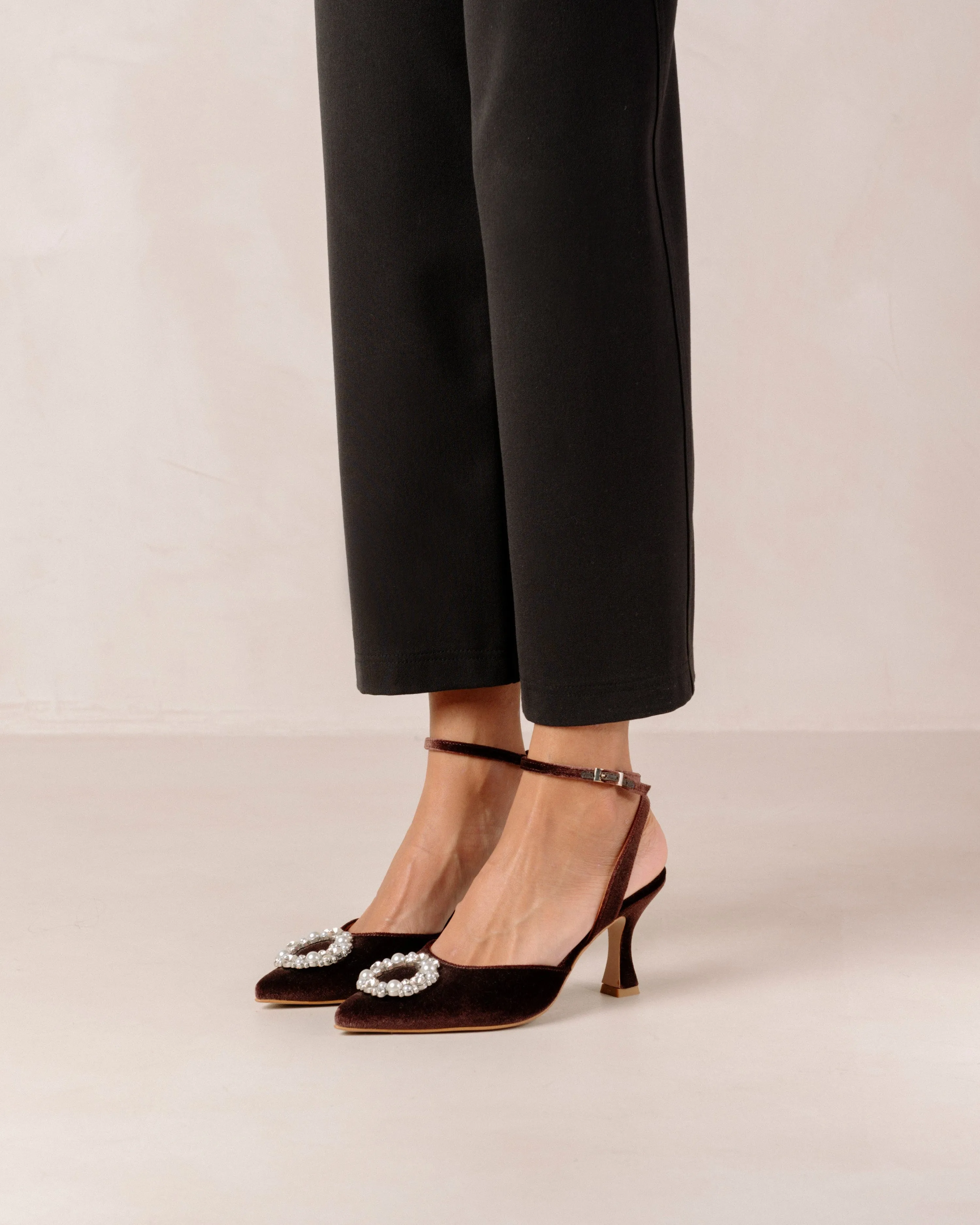Alohas - Cinderella Crystal Embellished High-Heel Pumps in Velvet Coffee Brown