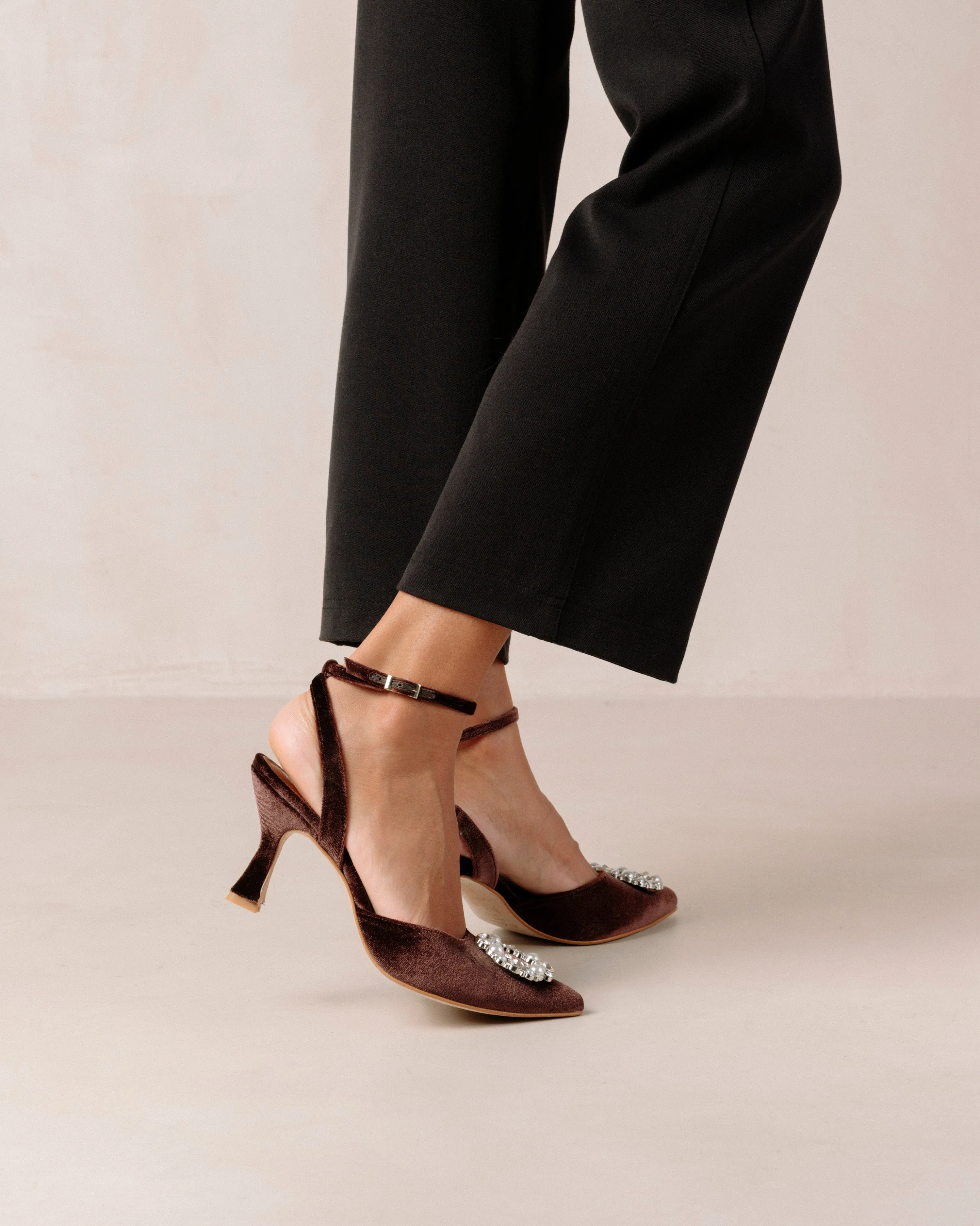 Alohas - Cinderella Crystal Embellished High-Heel Pumps in Velvet Coffee Brown