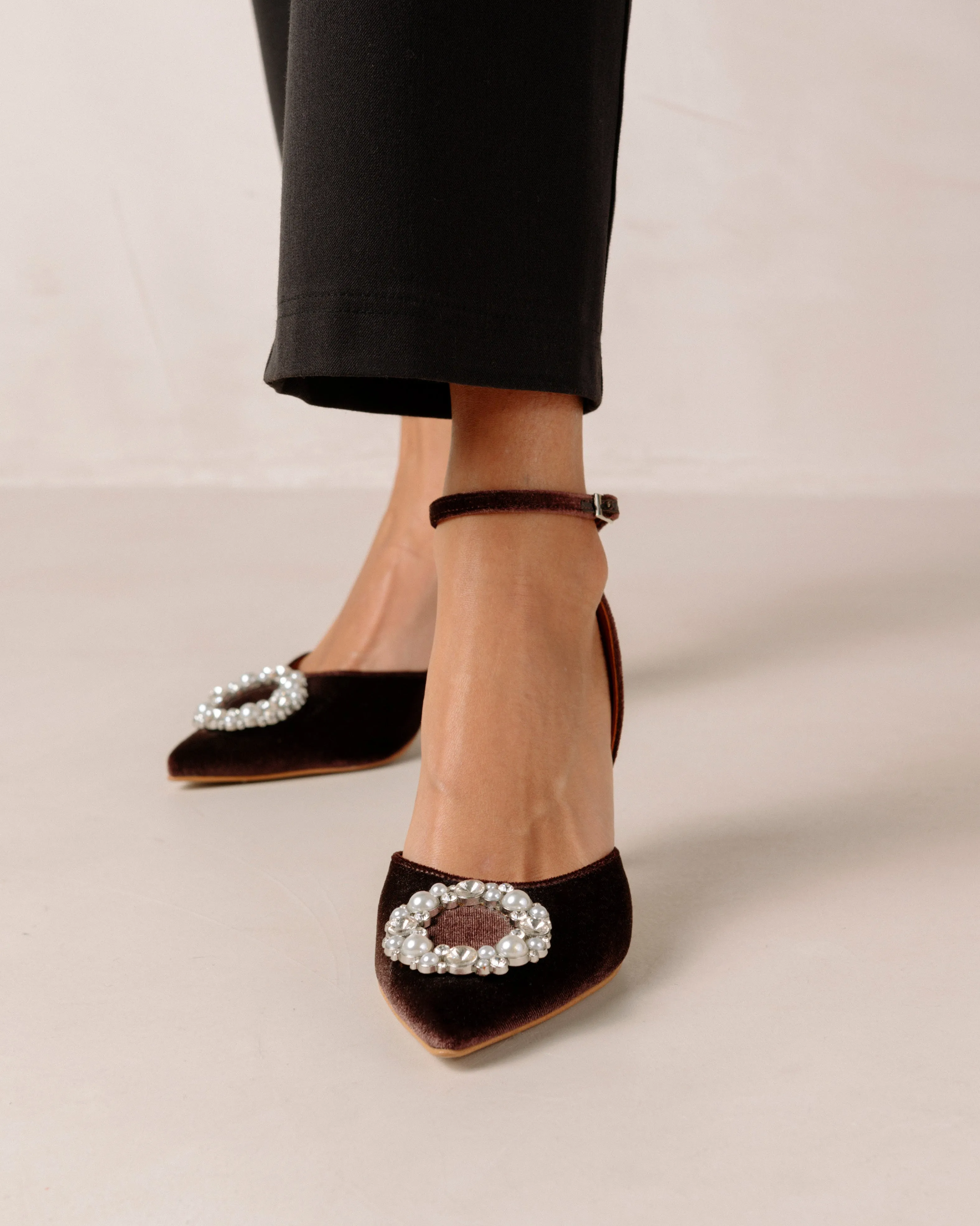 Alohas - Cinderella Crystal Embellished High-Heel Pumps in Velvet Coffee Brown