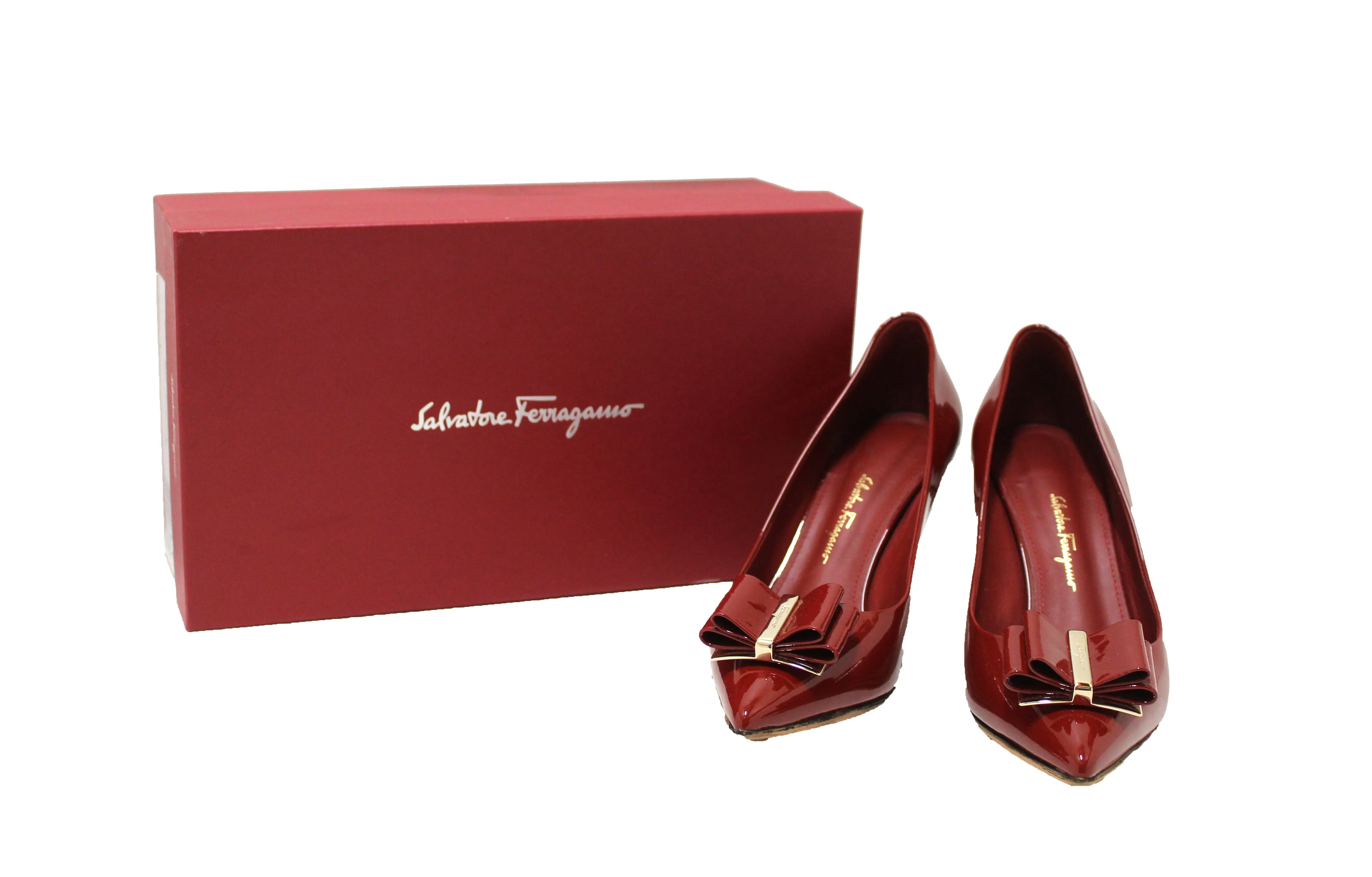 Authentic Salvatore Ferragamo Red Patent Leather Zeri Pointed Toe Pump Size 7.5