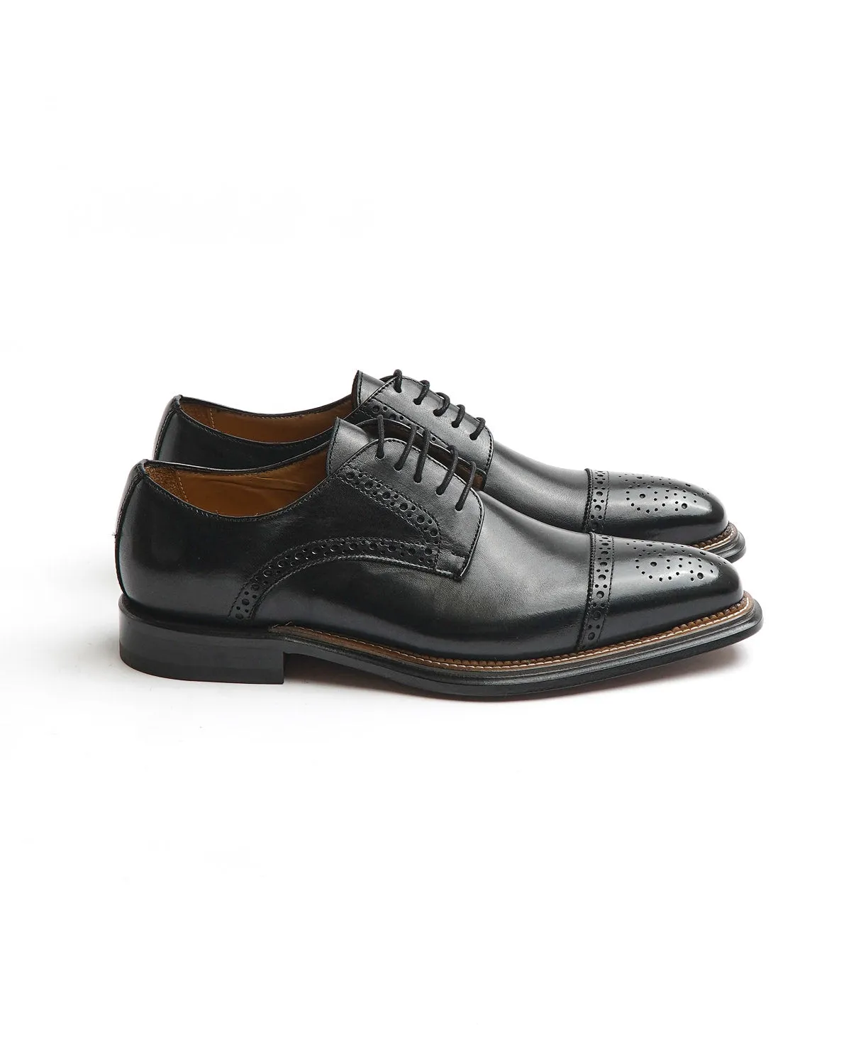 Black Calf Brogued Cap Toe Derby Dress Shoe
