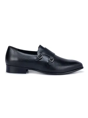 Black Plain Double Monk Strap Shoes