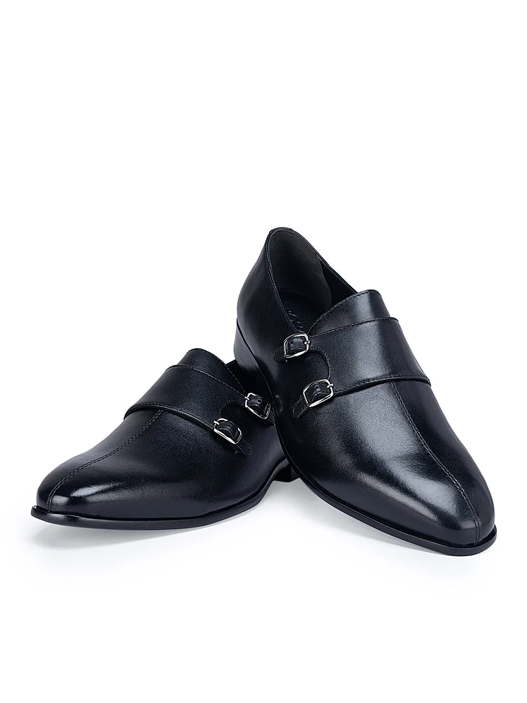 Black Plain Double Monk Strap Shoes