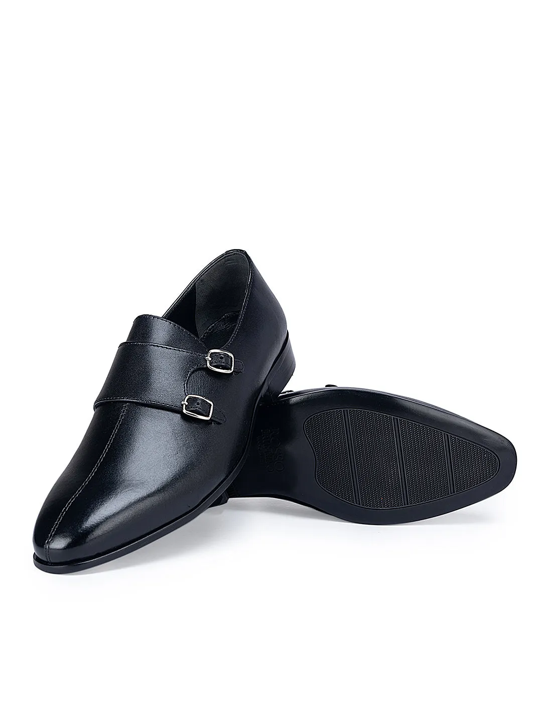 Black Plain Double Monk Strap Shoes