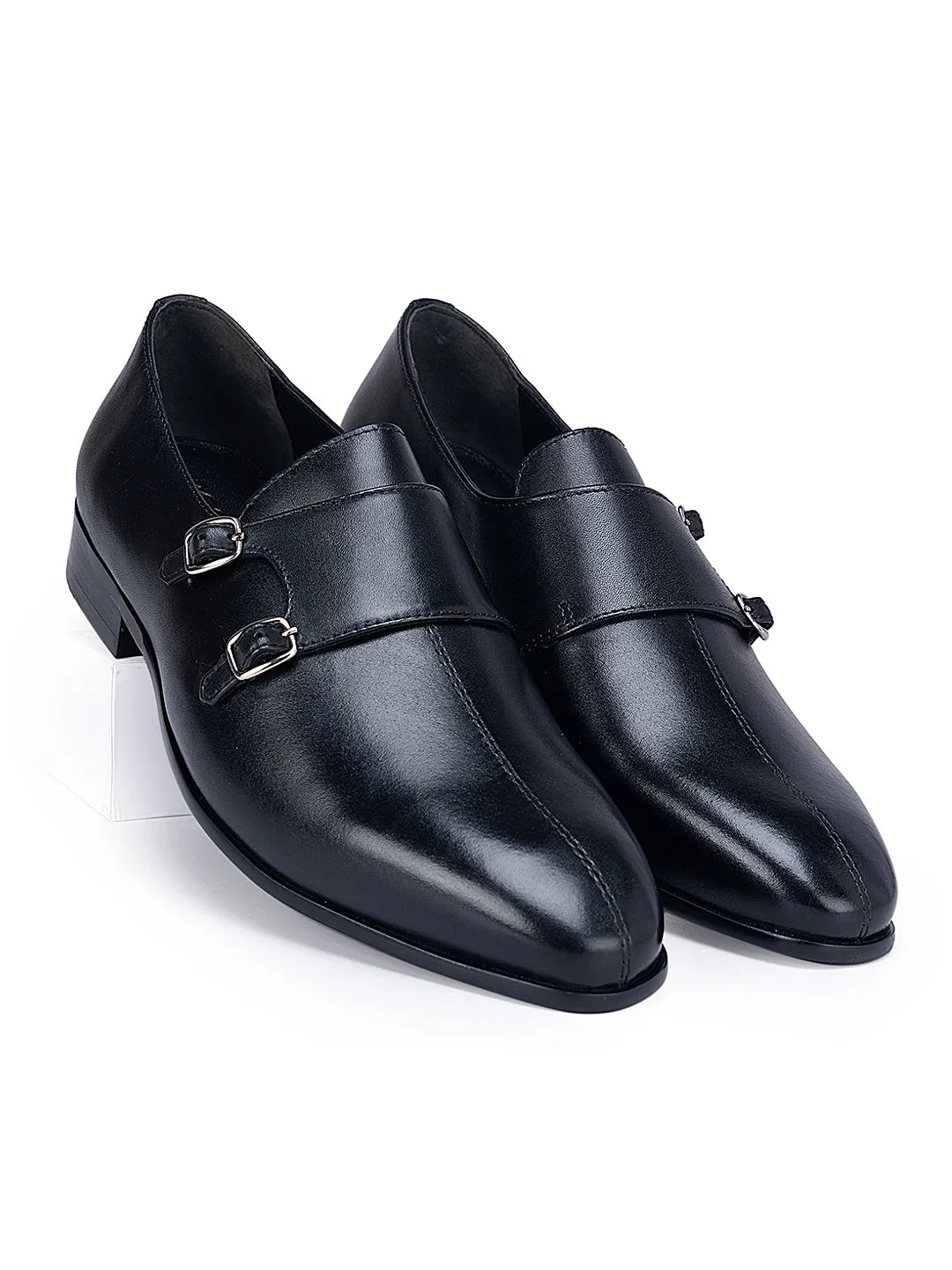 Black Plain Double Monk Strap Shoes