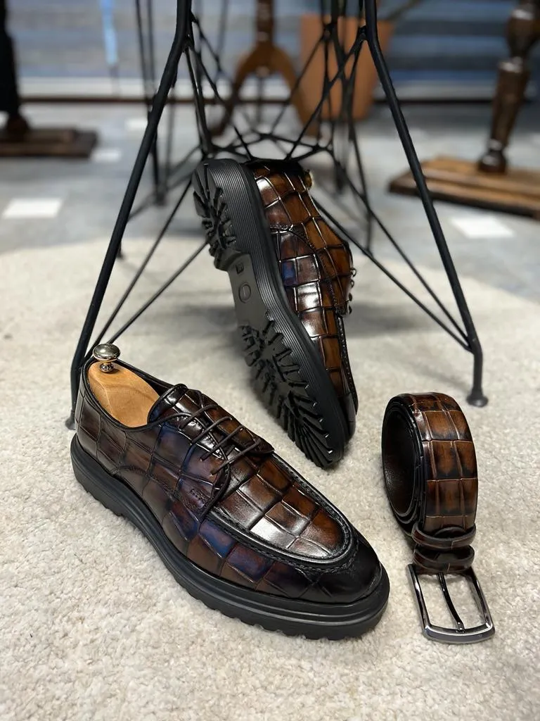 Brown Crocodile Pattern Derby Shoes for Men by GentWith.com
