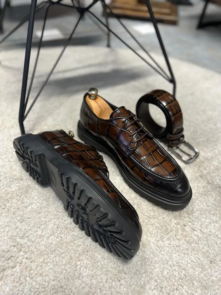 Brown Crocodile Pattern Derby Shoes for Men by GentWith.com