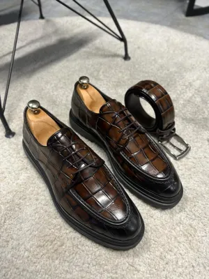 Brown Crocodile Pattern Derby Shoes for Men by GentWith.com