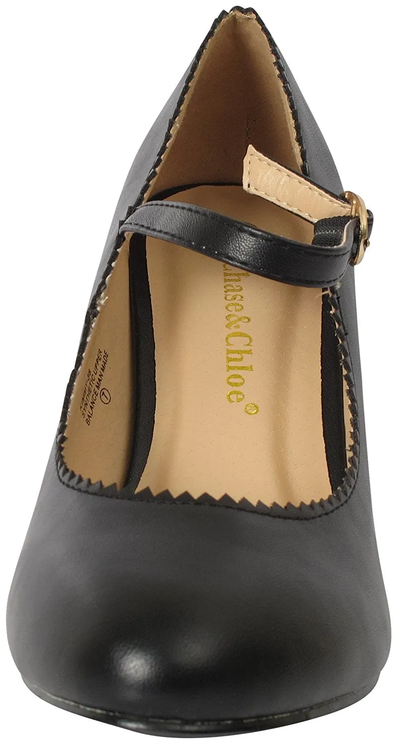 Chase And Chloe Kimmy-38 Jagged Edge Vintage Mary Jane Strap Pump Heel