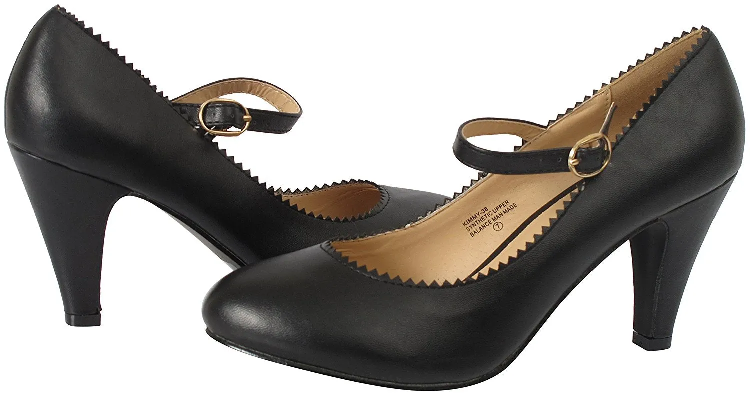 Chase And Chloe Kimmy-38 Jagged Edge Vintage Mary Jane Strap Pump Heel