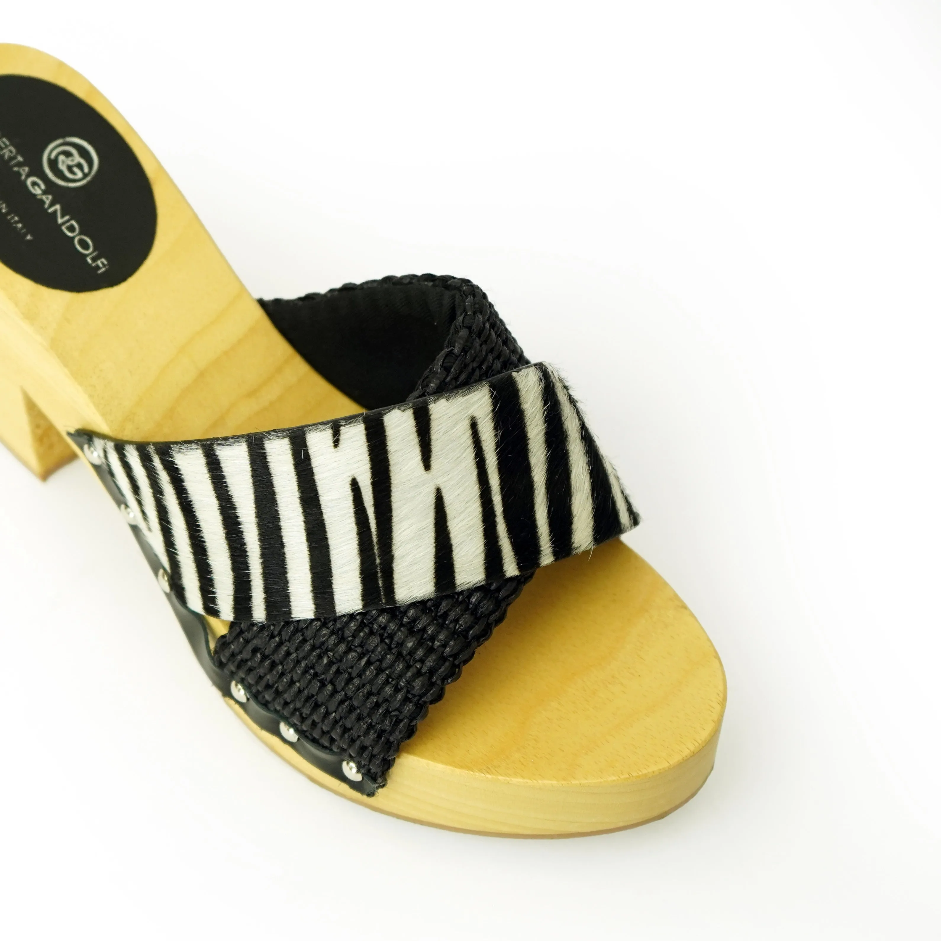 Diva Zebra sandali in legno incrociato con platform in rafia e pony stampa animalier