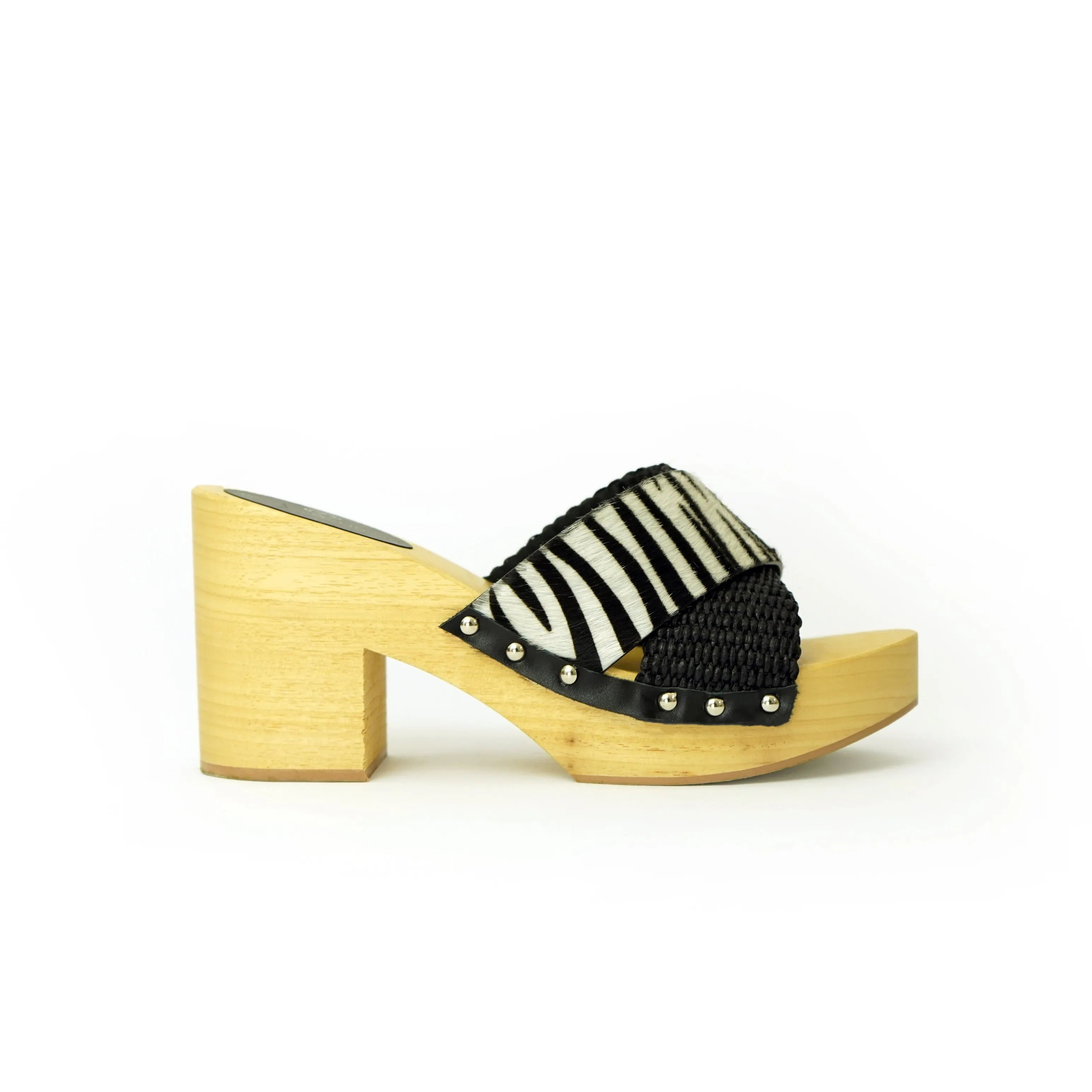 Diva Zebra sandali in legno incrociato con platform in rafia e pony stampa animalier