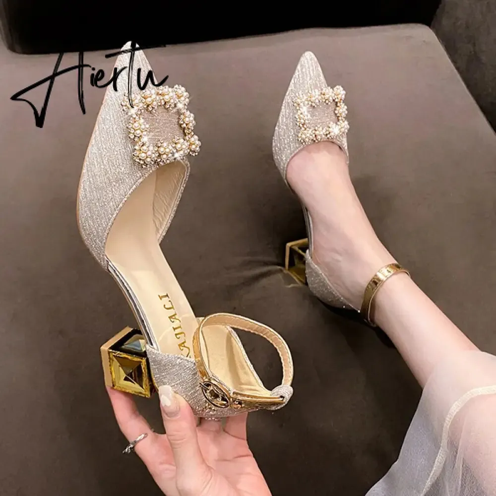 Elegant Pearl Buckle Wedding Shoes Women New Pointed Toe Thick Heels Pumps Woman Shining Crystal High Heels Shoes