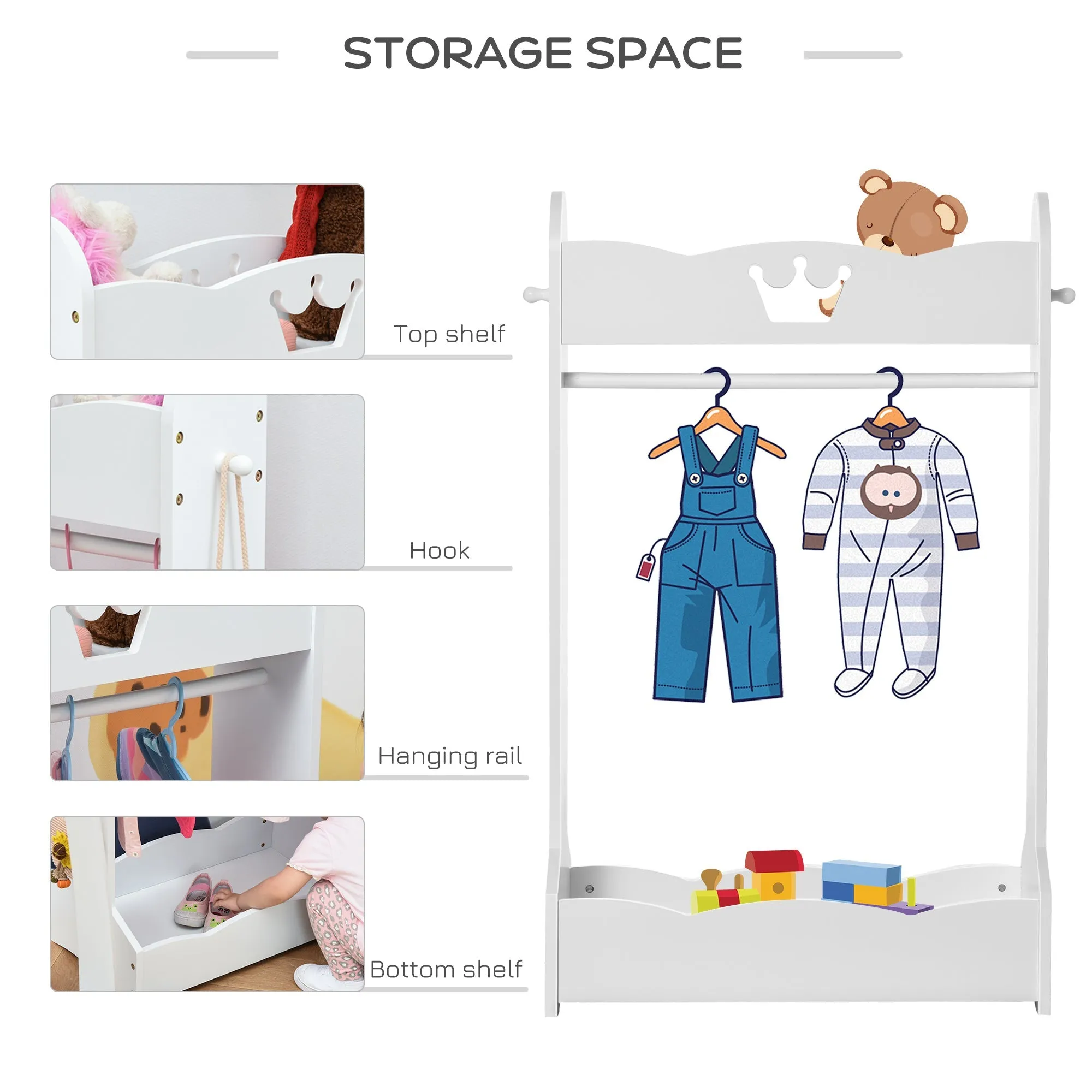 Kids Wood Clothes Rack Hall Tree with Storage Shelves Children Garment Rack Freestanding Wardrobe for 3-8 Years Toddler White