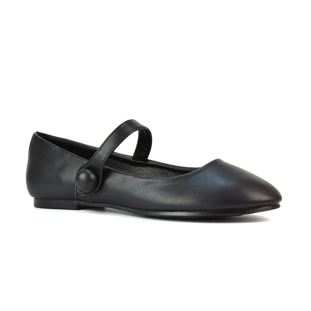 Liza Flat Pump Strappy Round Toe Ballerina Shoes in Black Patent