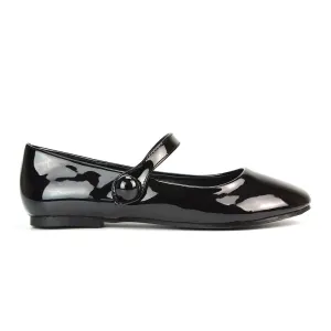 Liza Flat Pump Strappy Round Toe Ballerina Shoes in Black Patent
