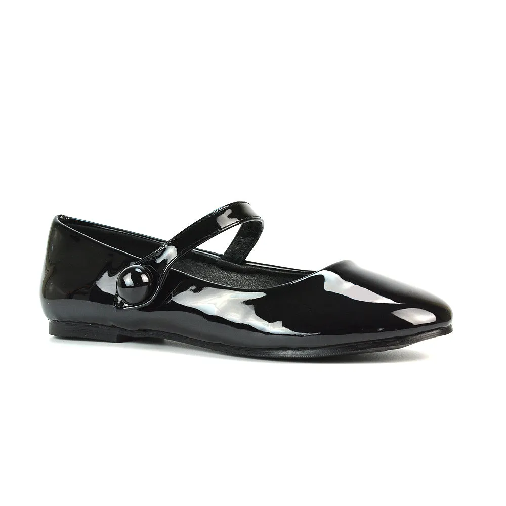 Liza Flat Pump Strappy Round Toe Ballerina Shoes in Black Patent