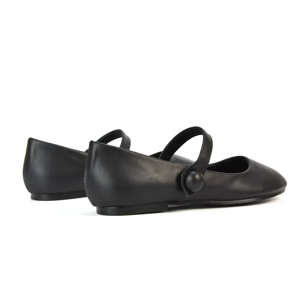 Liza Flat Pump Strappy Round Toe Ballerina Shoes in Black Patent