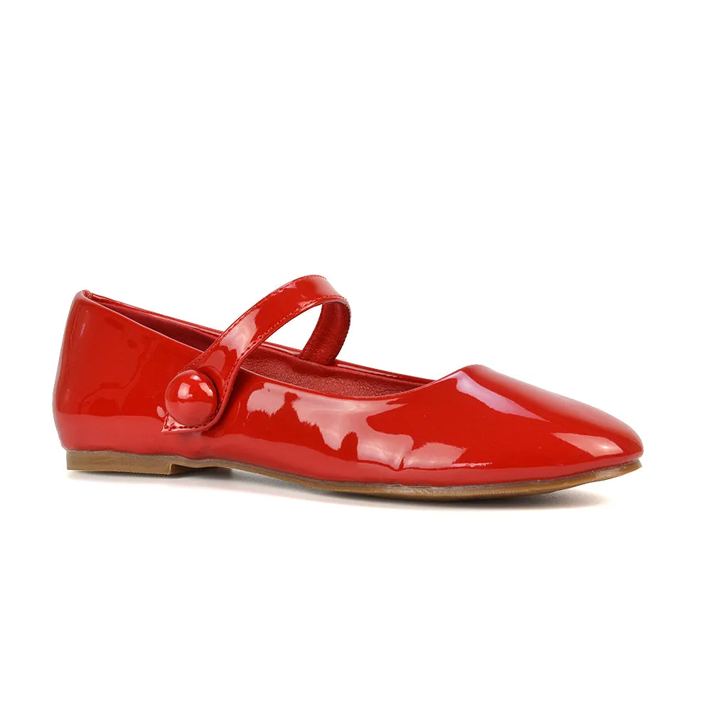 Liza Flat Pump Strappy Round Toe Ballerina Shoes in Black Patent