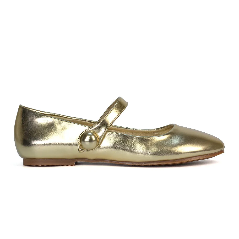 Liza Flat Pump Strappy Round Toe Ballerina Shoes in Black Patent