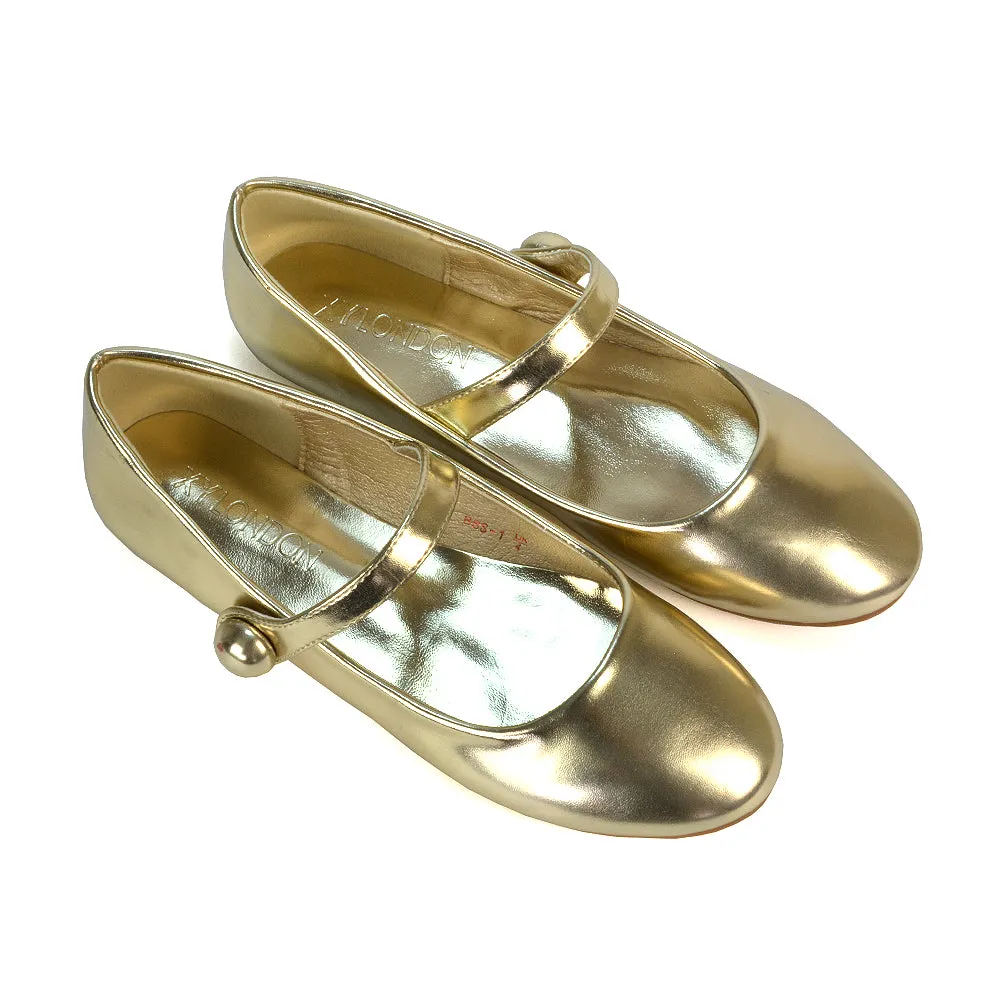 Liza Flat Pump Strappy Round Toe Ballerina Shoes in Black Patent