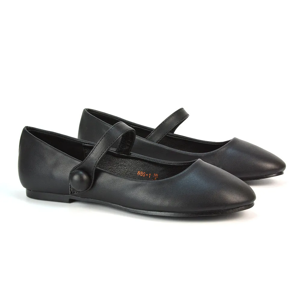 Liza Flat Pump Strappy Round Toe Ballerina Shoes in Black Patent
