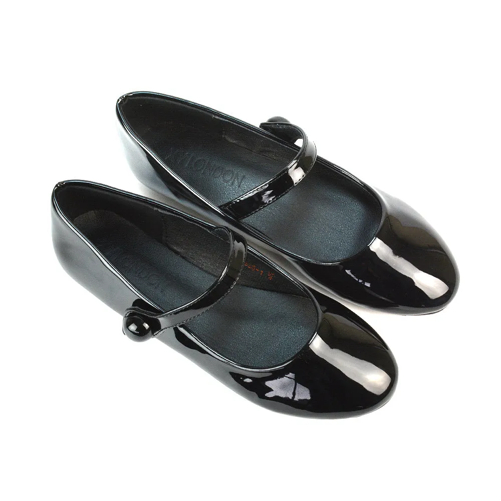 Liza Flat Pump Strappy Round Toe Ballerina Shoes in Black Patent