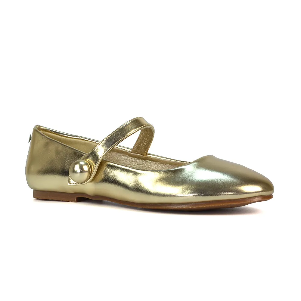 Liza Flat Pump Strappy Round Toe Ballerina Shoes in Black Patent