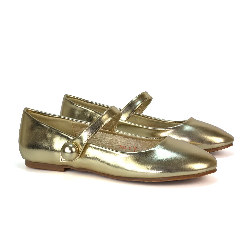 Liza Flat Pump Strappy Round Toe Ballerina Shoes in Black Patent