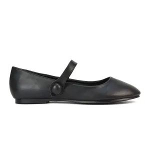 Liza Flat Pump Strappy Round Toe Ballerina Shoes in Black Synthetic Leather