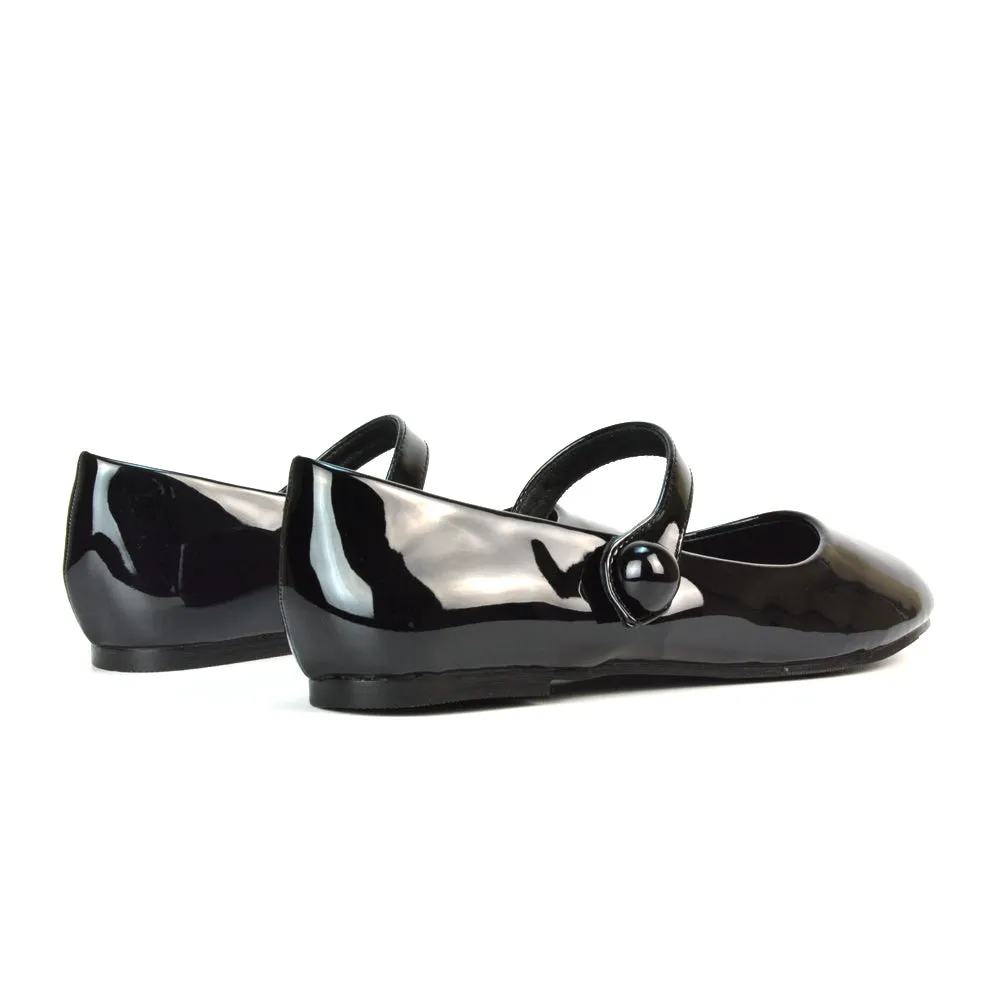 Liza Flat Pump Strappy Round Toe Ballerina Shoes in Black Synthetic Leather
